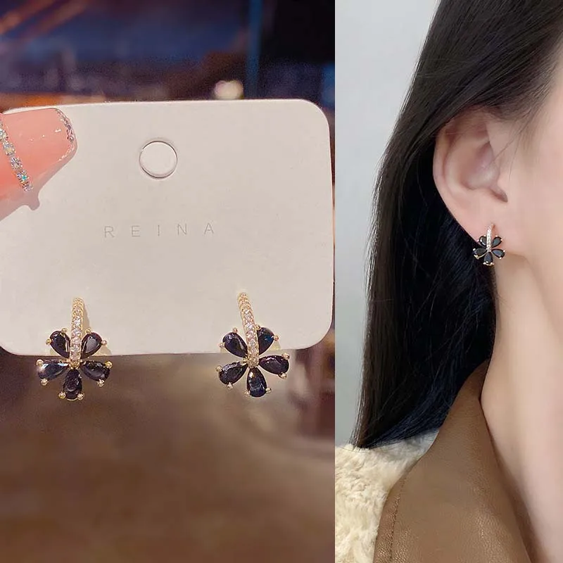 

Vintage Crystal Flower Black Earrings For Women Fashion Metal Gold Plated Drop Stud Earring Girls Wedding Jewelry Gifts Wholesal