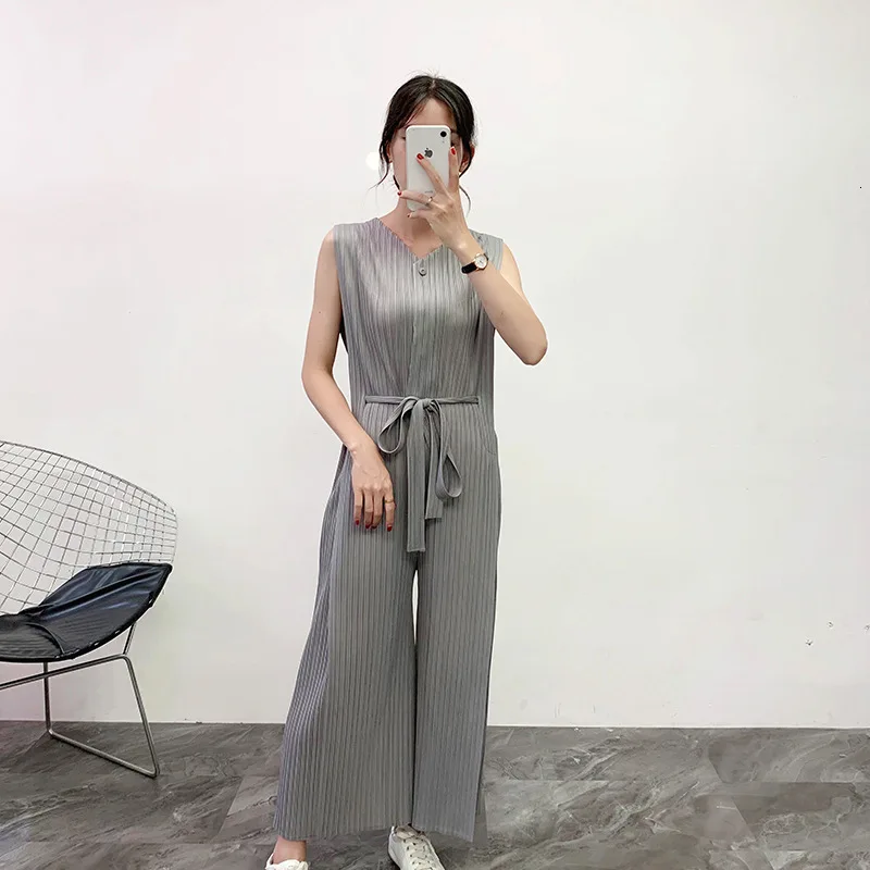 LANMREM 2021 Summer New Pleated Jumpsuits For Women Clothes Drawstring Waist Casual Wide Leg Pants Loose Sleeveless YH677