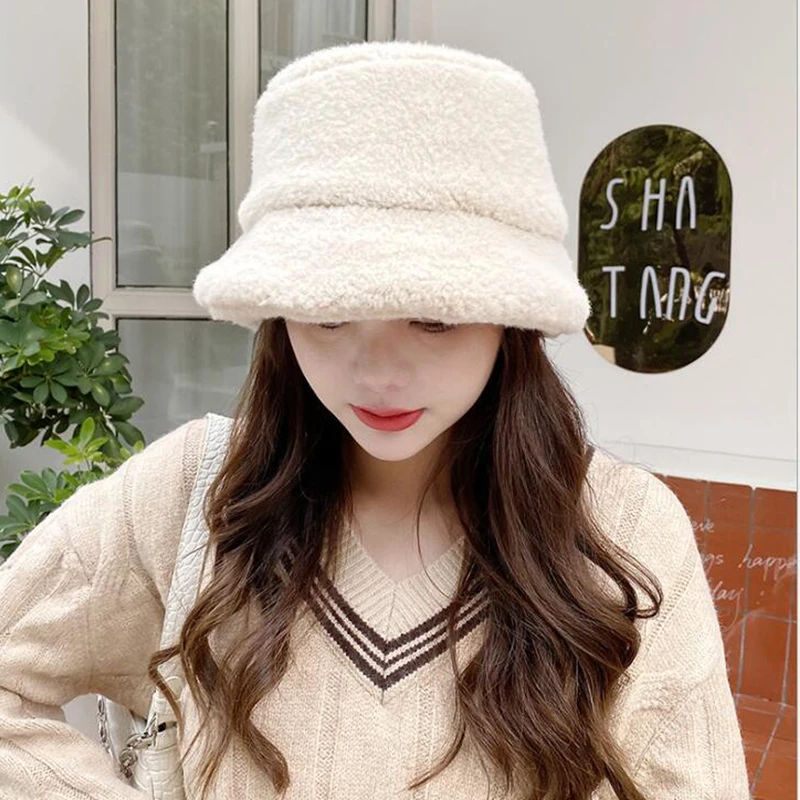 Winter Warm Teddy Velvet Hats for Women Lady Thicken Bob Panama Outdoor Fisherman Hat Caps Lamb Faux Fur Bucket | Аксессуары для