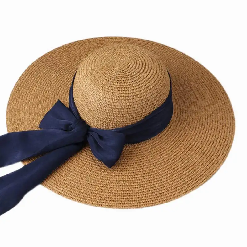 

Women Large Brim Beach Hat Summer Sun Hat With Long Bowknot