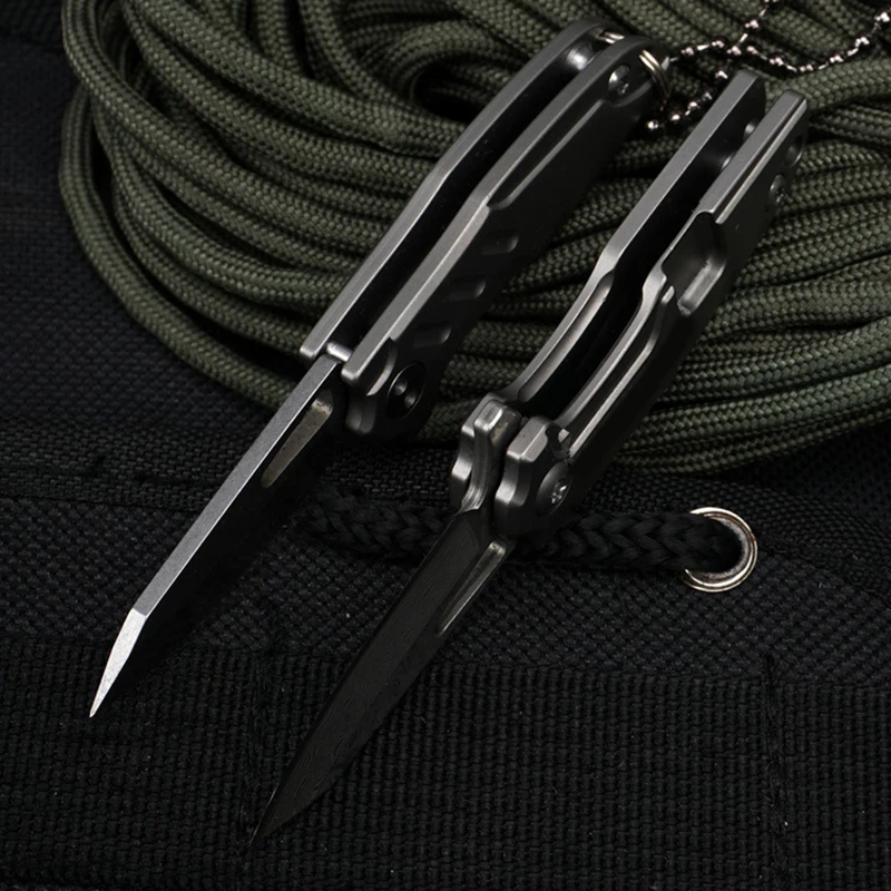 Мини TC4 титановая ручка брелок складной карманный нож D2 лезвие из дамасской стали