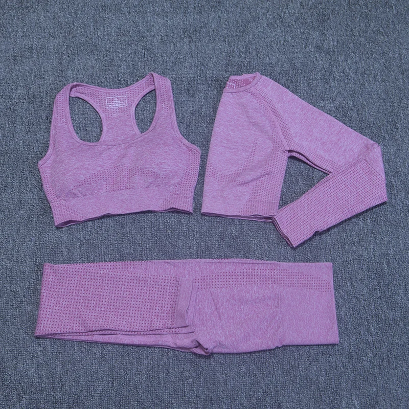 Women's Sportswear Yoga Set Vital Seamless Leggings+Sport Brassiere+Long Sleeve Crop Top 3PCS Sports Suits Gym Workout Clothing