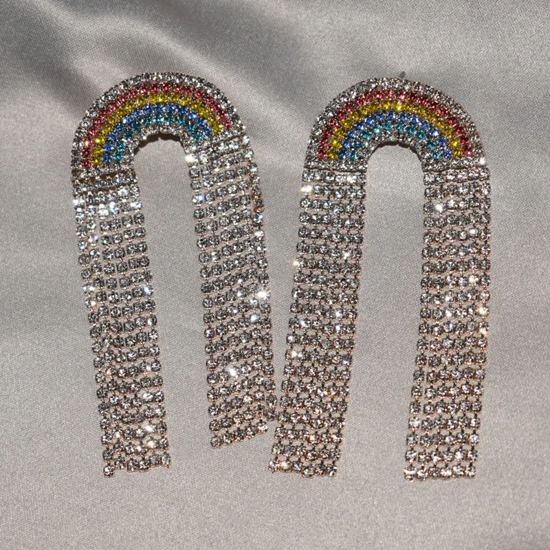 

Multicolors Rhinestone Gems Rainbow Shaped Women Dangle Earrings Jewelry Fashion Show Girls' Statement Earrings Accessories