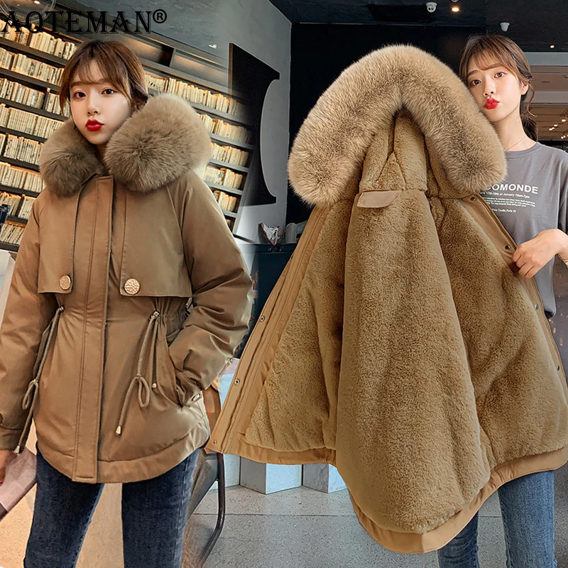 

Женские парки, зимняя куртка с капюшоном из искусственного меха, флисовое длинное пальто, теплая ветровка, верхняя одежда, женская одежда, Т...