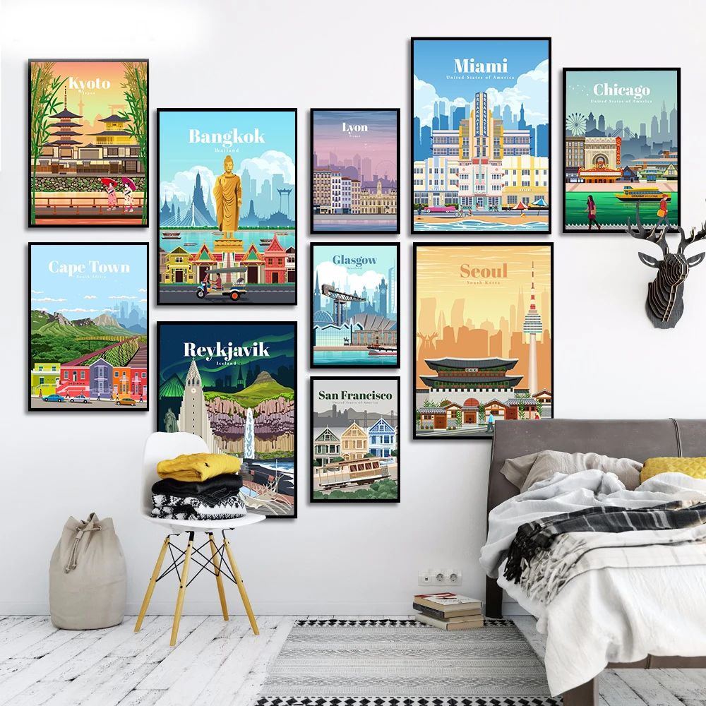 

Famous City Retro Travel Poster Cartoon Venice Seoul Kyoto Iceland Miami Landscape Canvas Painting Wall Art Pictures Room Decor