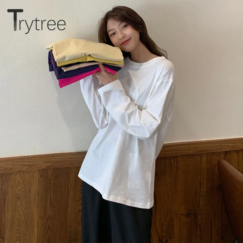 Trytree 2020 Весна Женская Повседневная О образным вырезом T Skirt хлопок с длинным