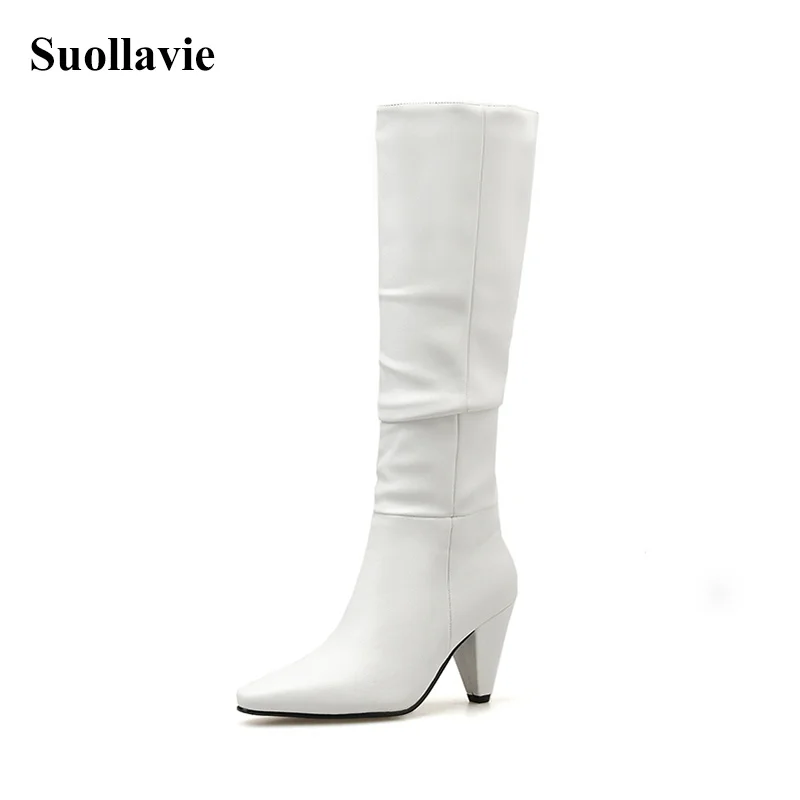 

Suollavie new solid boots women Sexy Mid-Calf squared heel botas de mujer pu leather Martin boots hot pointed toe shoes woman