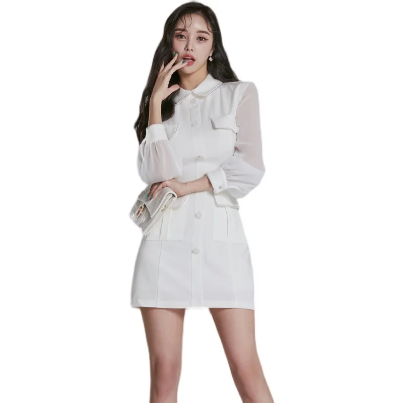 

white Sexy formal party tight Dress one piece kroean ladies autumn lace long Sleeve cabaret office dresses for women