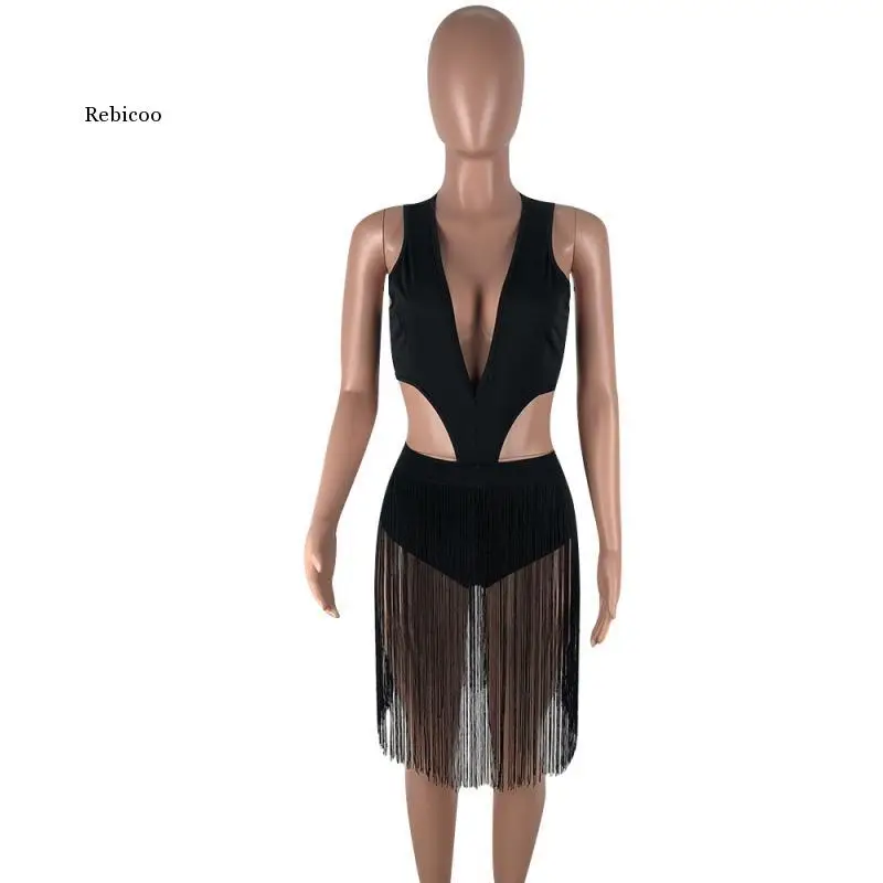 

Sexy Cut Out Beach Bodysuit Tassels V Neck Open Back Bangdage Short Jumpsuit A-Line Bodycon Club Rompers Women Summer Playsuit