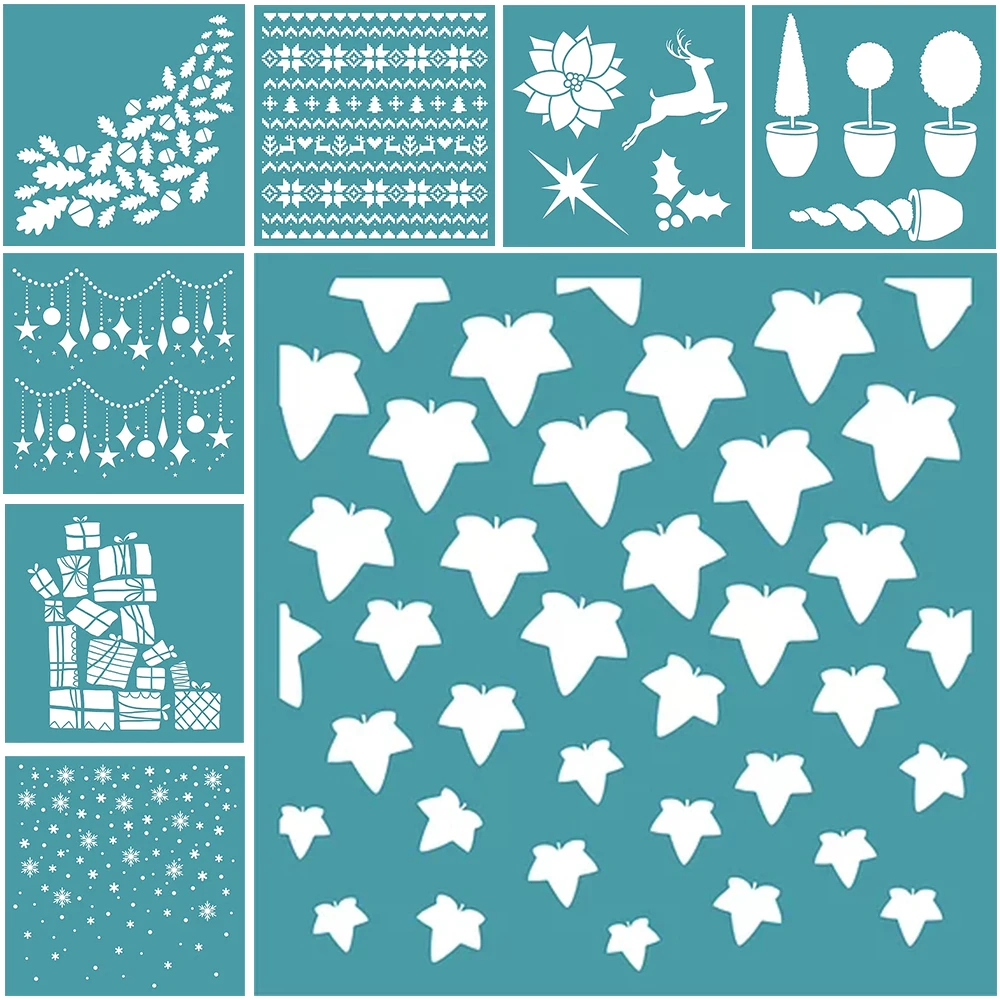 

8Pcs/Set Christmas Leaf Elk Plastic Stencil Template For Paper Card Handmade Scrapbook Decoration Photo Album Craft Stencil
