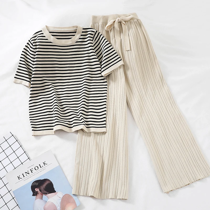 

G798 Hong Kong flavor chic new loose Short Sleeve T-Shirt Top High Waist Wide Leg casual pants knitted two-piece suit