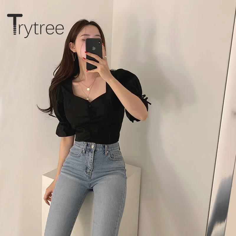 Trytree Женская Повседневная Блузка с квадратным воротником однобортная однотонная