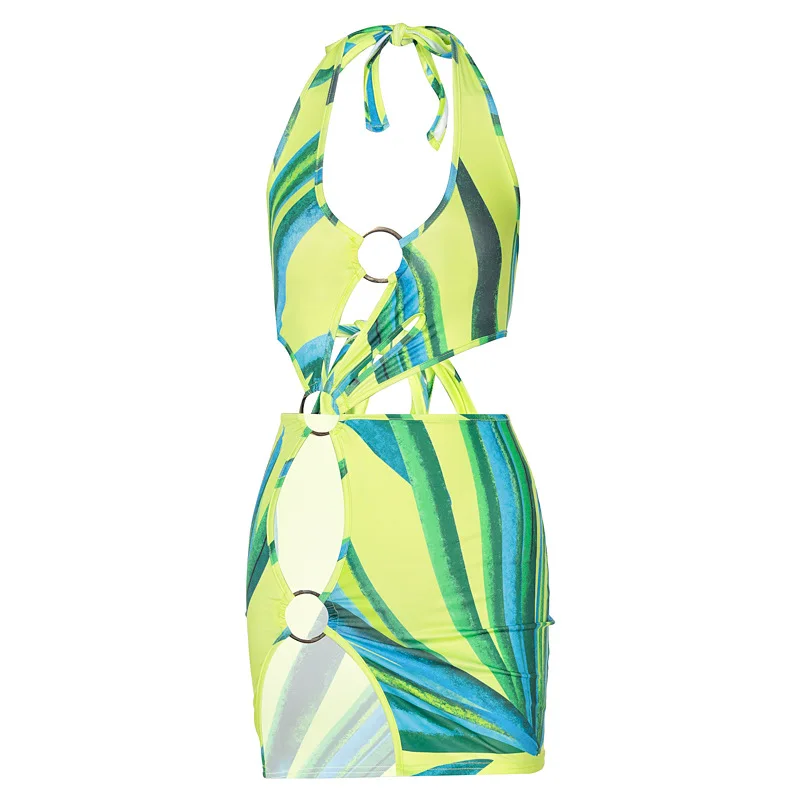 

Donsignet Women Backless Dress European and American Women Dress New Summer Fashion Print Sexy Hollow Out Lace-up Mini Dress