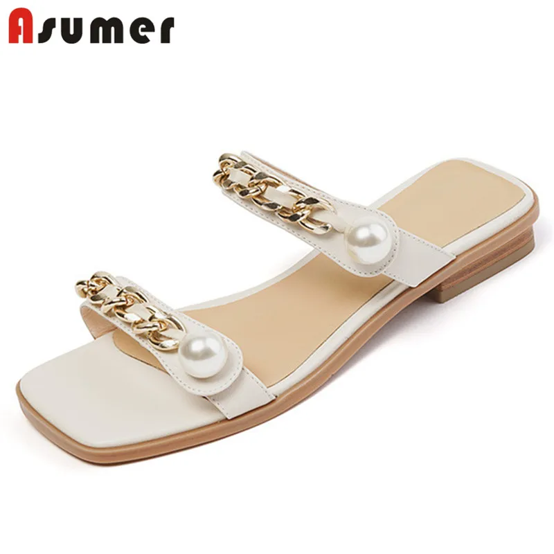 

Asumer 2021 New Arrive Low Heels Women Slipper Chain Pearl Summer Casual Shoes Top Quality Genuine Leather Shoes Women Slipper