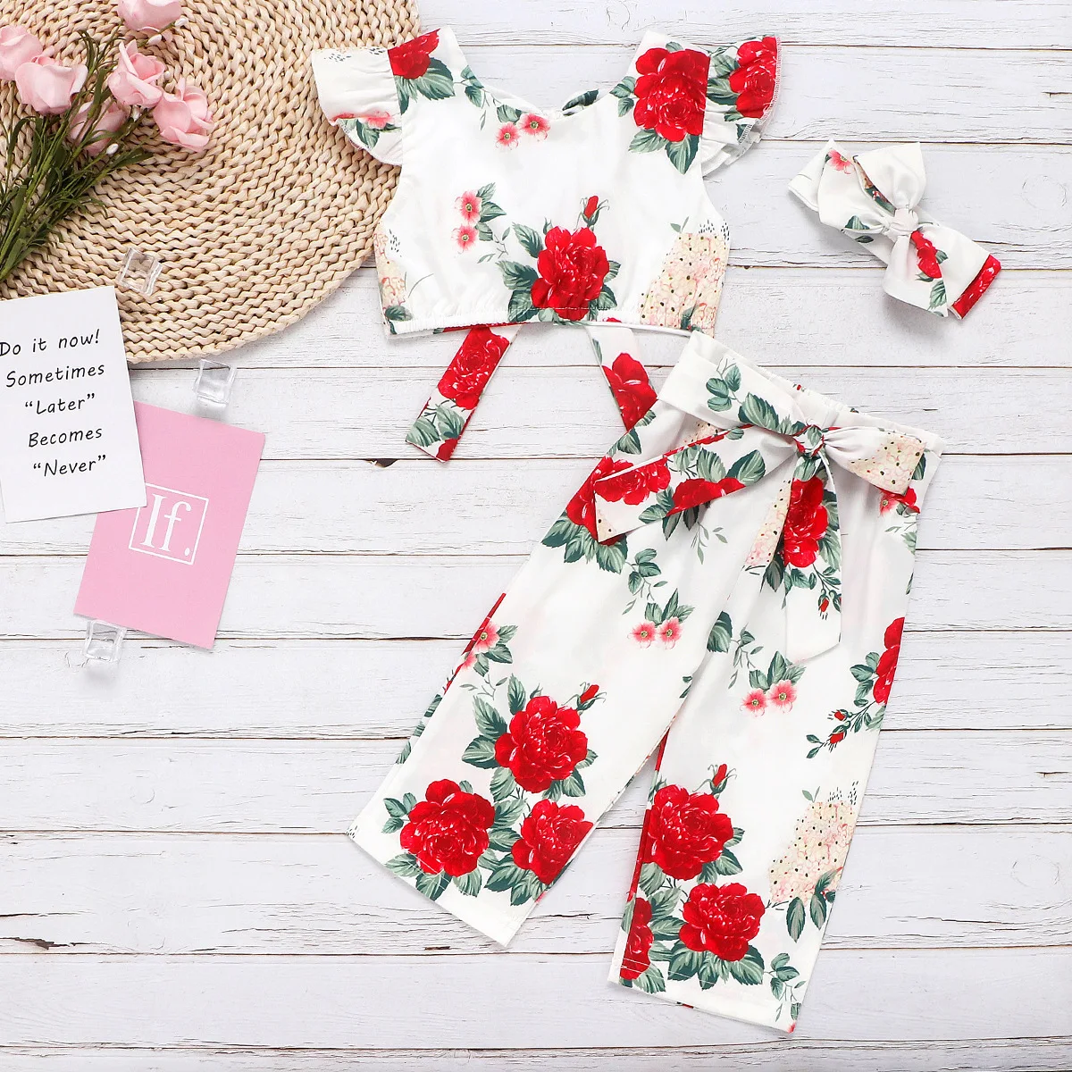 

New Children's Clothing Girls Rose Flower Print Shirt Vest Bow Knot Belt Trousers Hair Band Children's Three-piece Suit