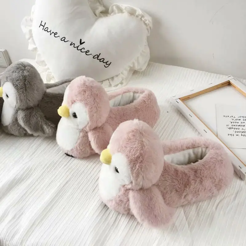 Розовые теплые тапочки для девочек в помещении с пингвином симпатичные зимние