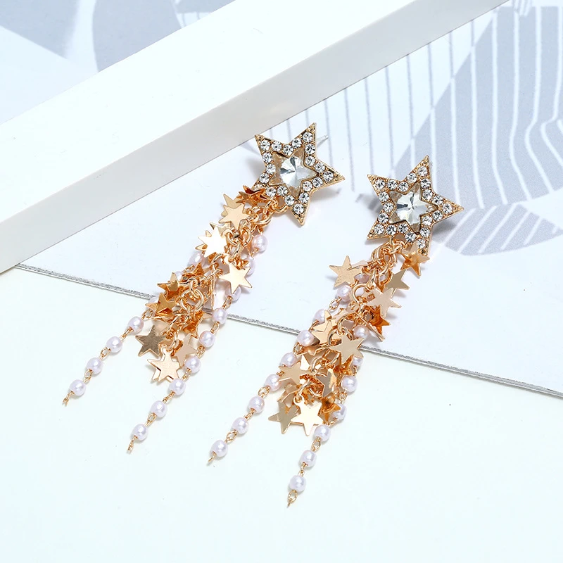 Серьги со звездами и жемчугом с кисточками для женщин в Корейском стиле модные