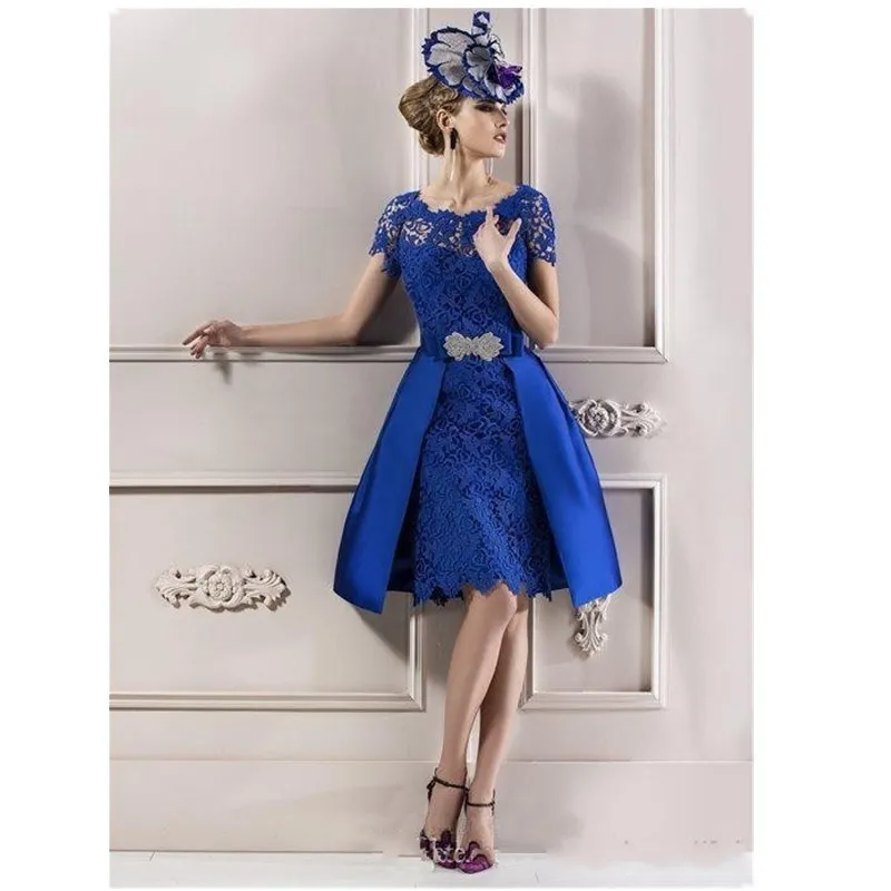 

Customized elegant satin lace royal blue short-sleeved mother of the bride party evening gown