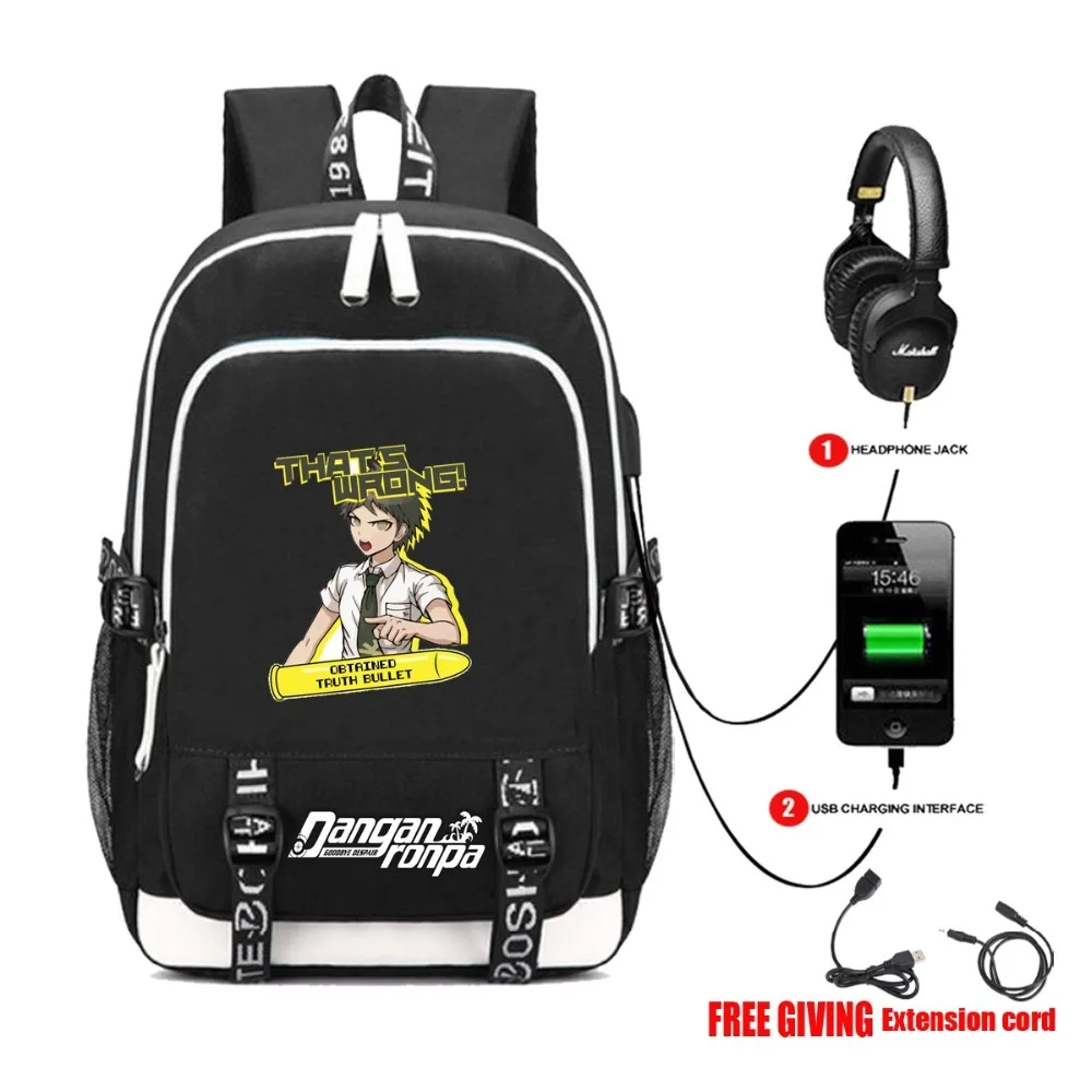 USB Charging Headphone Jack Backpack School Bags Mochila Feminina Laptop Schoolbag anime Danganronpa Printing backpack |