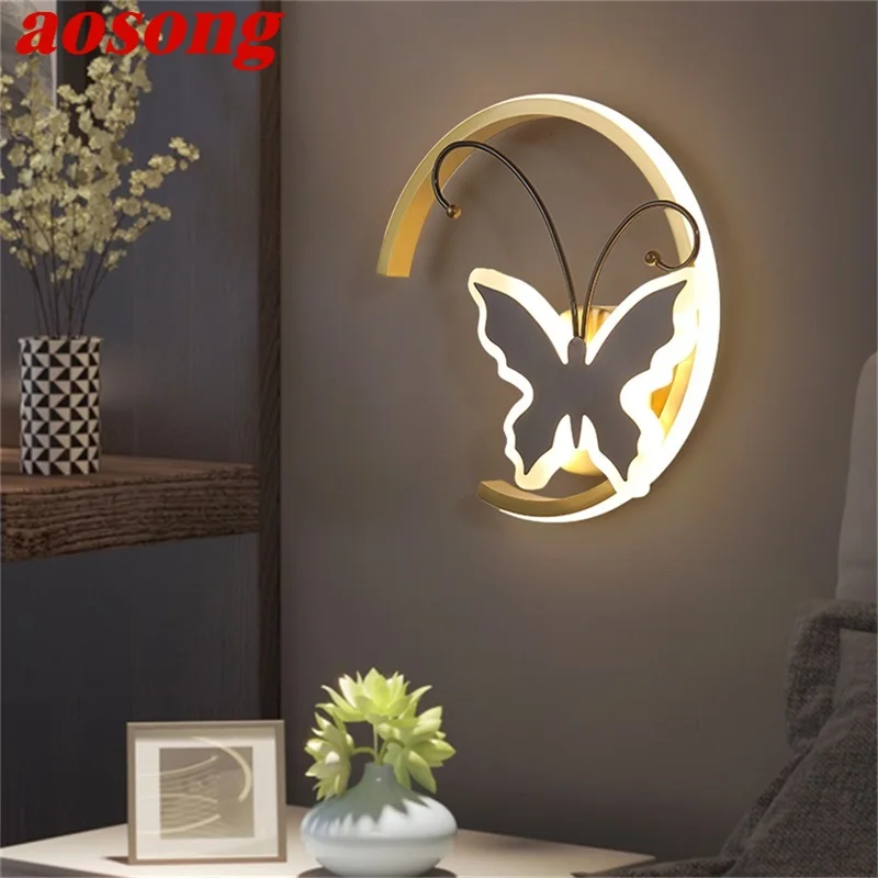 

AOSONG Nordic Creative Wall Sconces Copper Lamp Modern Butterfly Shade LED Light For Home