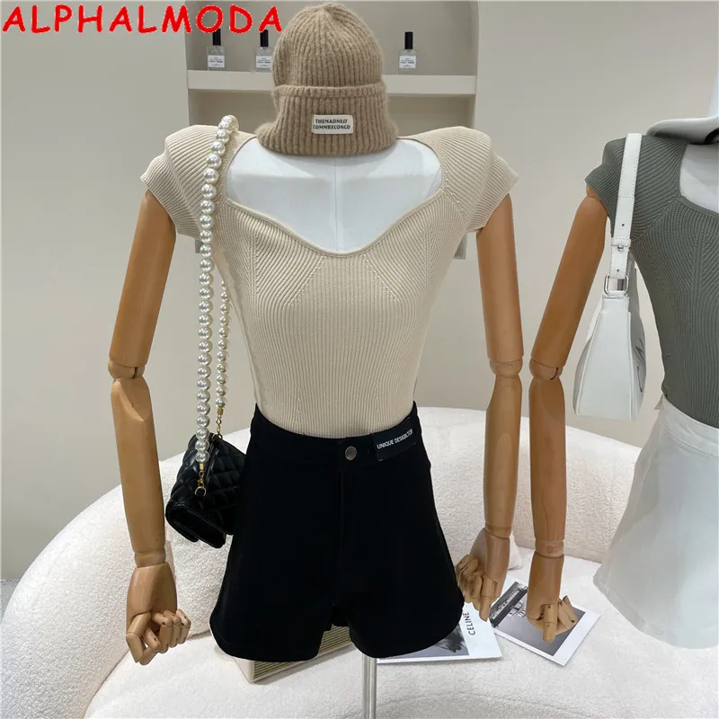

Женский облегающий свитер ALPHALMODA, Однотонный свитер с короткими рукавами и квадратным вырезом на лето 2021