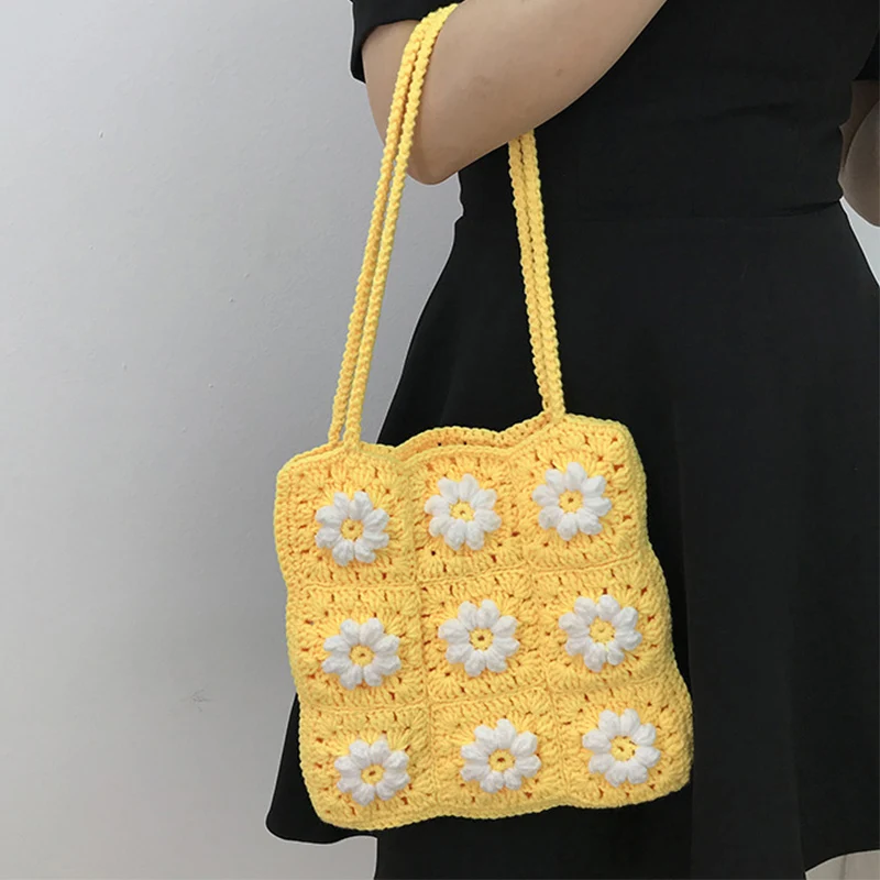 Женская тканая сумка на плечо с ромашками ручной работы вязаная крючком женская