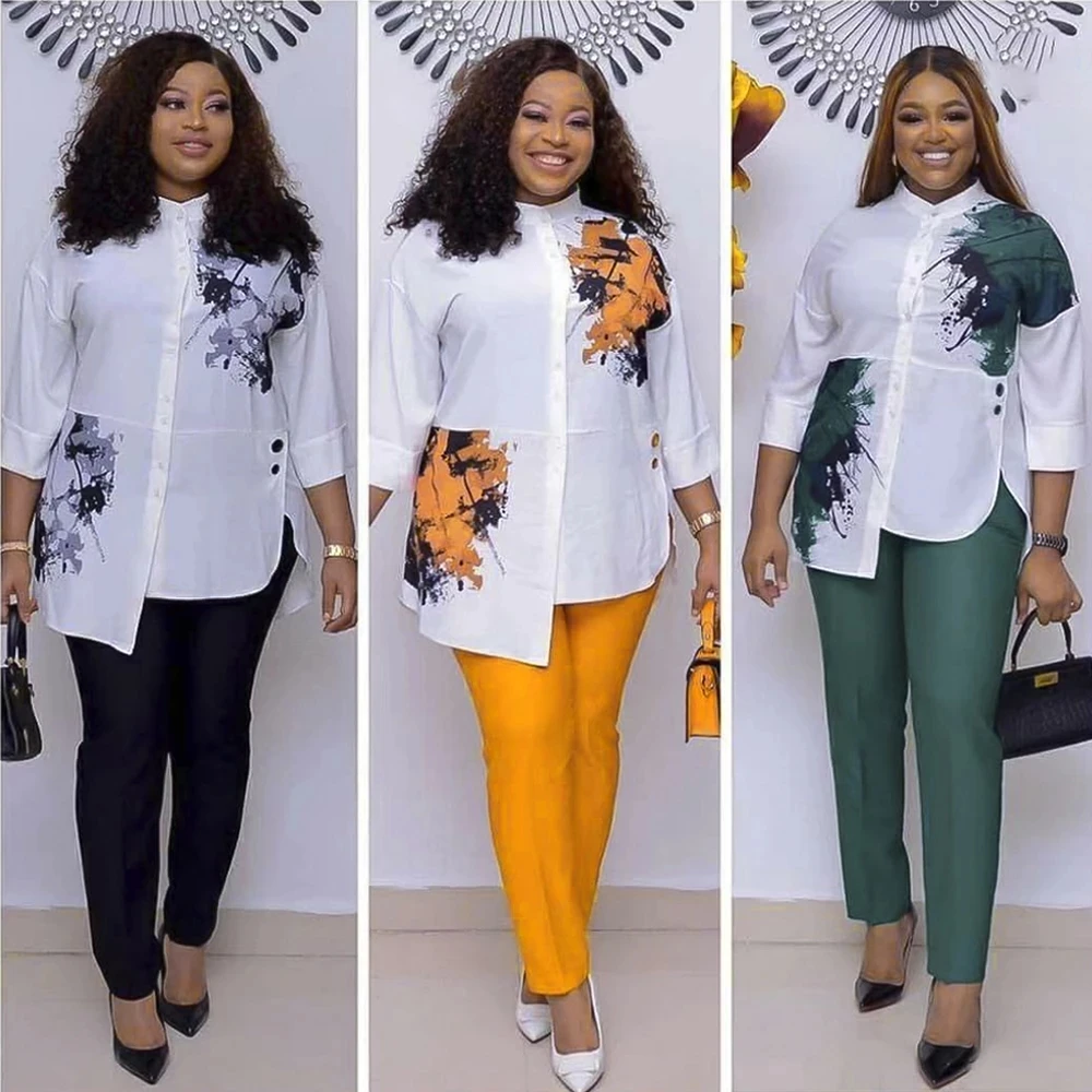 

African Plus Size Clothes For Women Shirt And Pants 2 Pieces Set Dashiki Print Top Long Trouser Suit 2021 Summer Autumn Wears