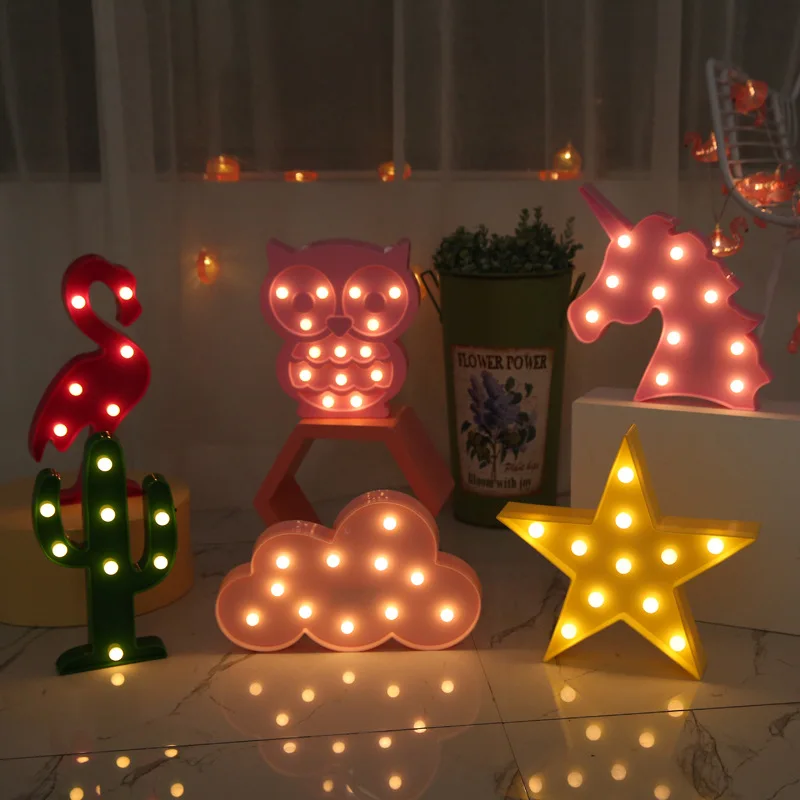 

Cute LED Flamingo Unicorn Night Lights Marquee Sign Pineapple Cactus Star Luminary Wall Lamp Cartoon Animal Decor Lighting Gifts