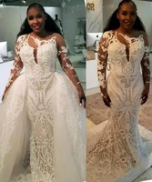 plus size mermaid wedding dresses detachable train 2021 long sleeve sparkly lace applique african garden wedding gown