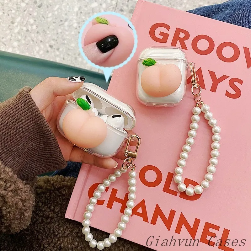 

Pinch Decompress Peaches Pearl Bracelet Soft Silicone Cover For apple Airpods Pro 3 Case for Airpods 1 2 Wireless Charging Bag