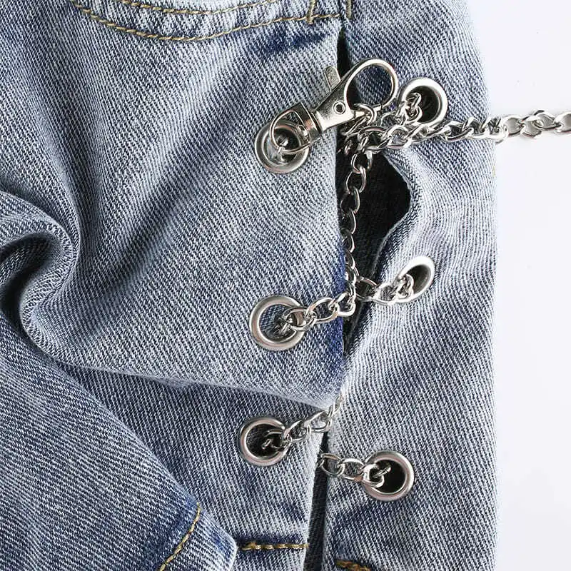 

2021 New Summer European and American Metal Chain High Waist Sexy Leg Long Women's Denim Shorts