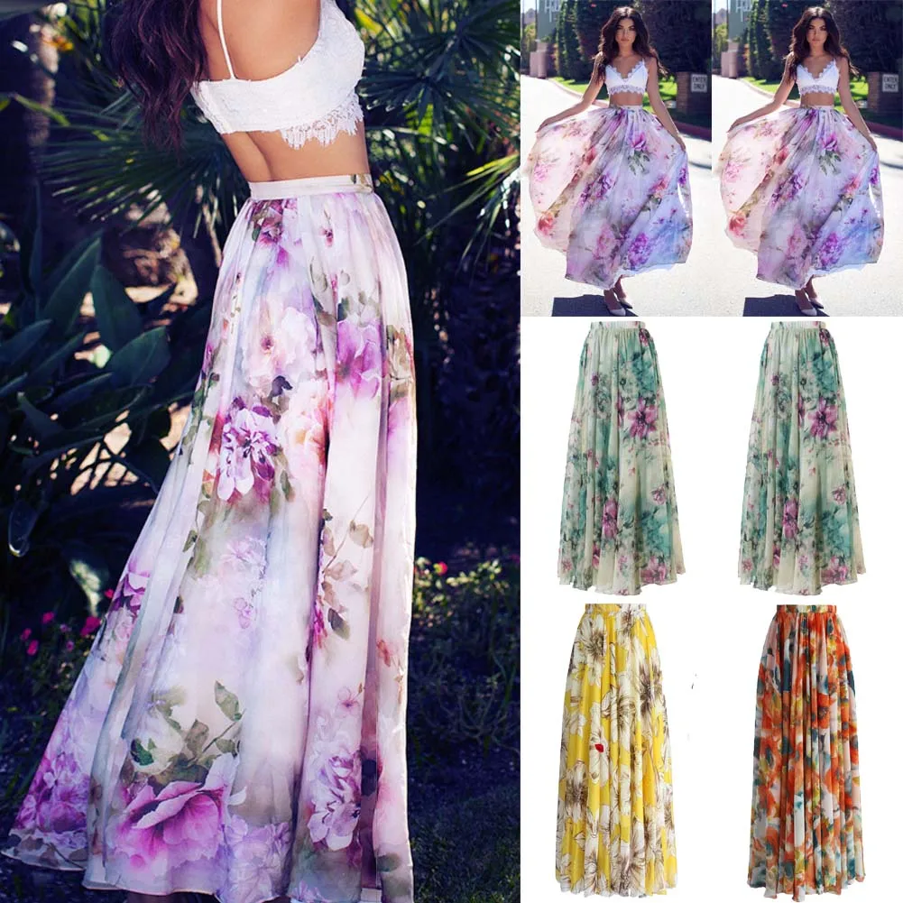 Шифоновые Boho женские богемные с высокой талией цветочные принты Джерси цыганские летние юбки летний пляжный длинный макси юбки