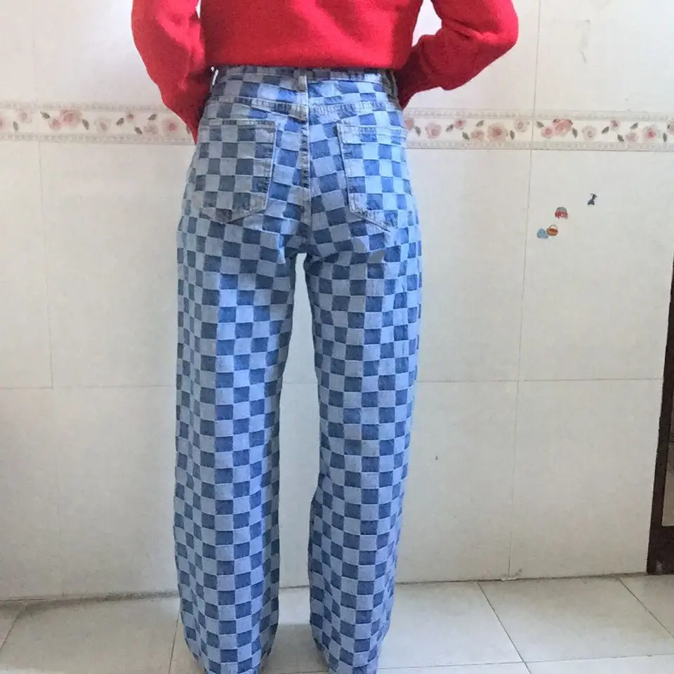 Корейская уличная одежда размера плюс в контрастную клетку джинсовые прямые