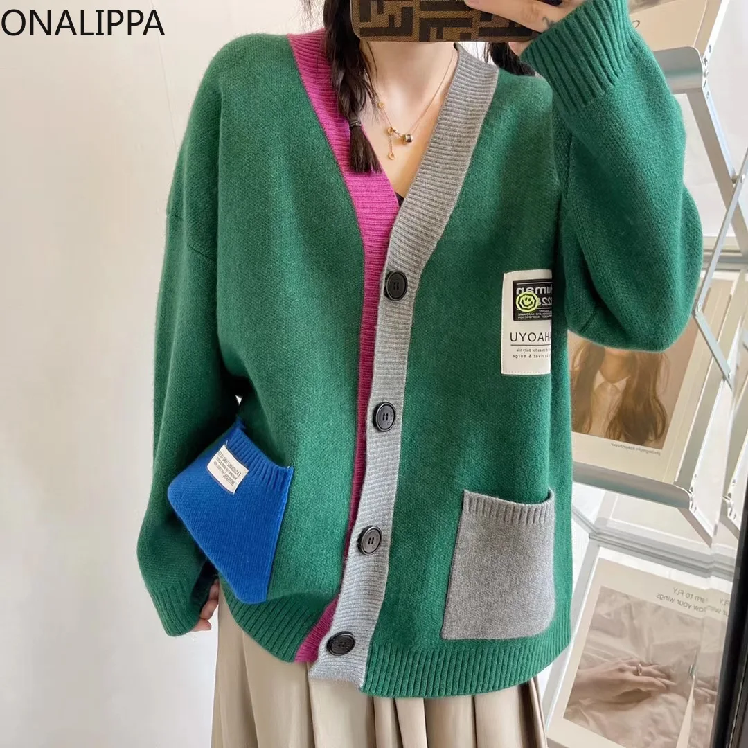 

Onalippa 2021 Women Sweater Cardigan Autumn Winter Temperament New Color-Blocking V-Neck Loose Lazy Outer Wear Knitted Jacket