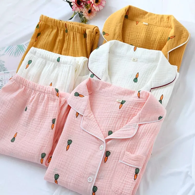 

2021 New Carrot Autumn and Winter Pajamas Couple Pajamas Set 100% Cotton Double Crepe Long Sleeved Trousers Homewear Suit