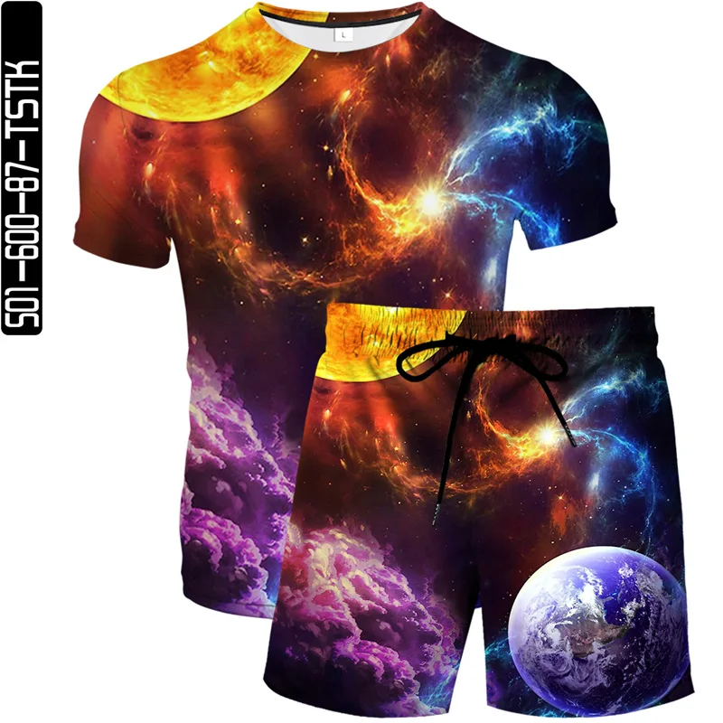 

2021 summer new men's and women's same style 3D printed beach pants fashion boutique T-shirt set cosmic planet elements