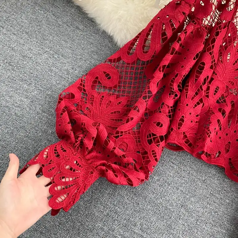

Sexy Lace Hollow Out Short Blouse Casual Lantern Long Sleeve Stand Collar Shirts Female Elegant Red/Pink/White Loose Tops 2020