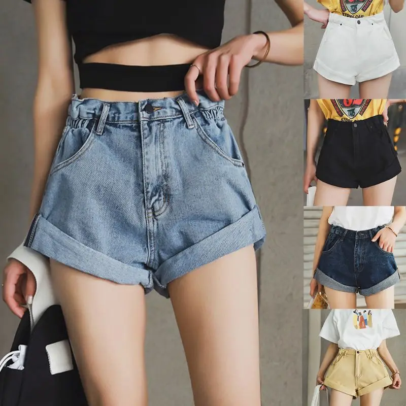

Womens Elastic High Waist Denim Shorts Rolled Solid Color Wide Leg Pants Summer Loose Vintage Trousers with Pockets