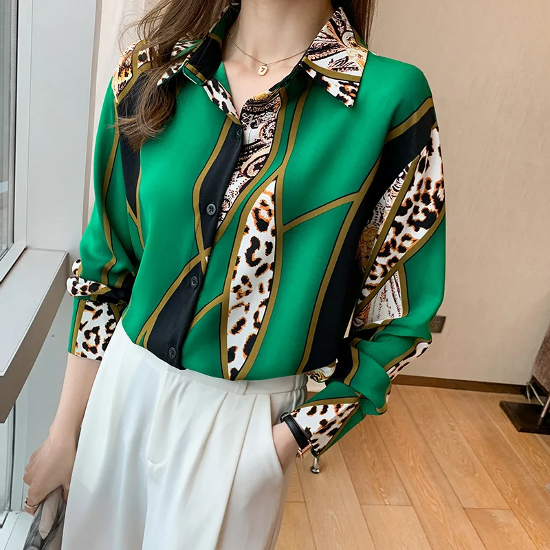 

High-quality Color Contrast Leopard Shirt Women's 2021 Spring/ Autumn New All-match Printed Chiffon Long-sleeved Personality Top