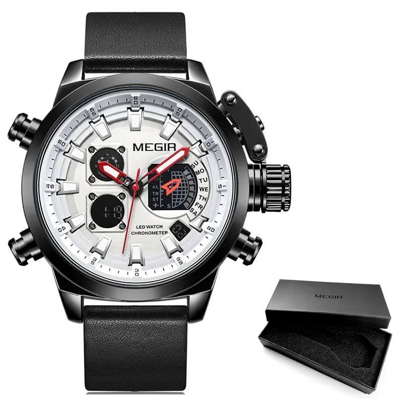 ML2090G-Black white Мужские спортивные кварцевые часы MEGIR с кожаным ремешком, светящиеся армейские наручные часы с хронографом, новинка, часы от ведущего бренда Relogios 2090, черный цвет - Цвет: ML2090G-Black white