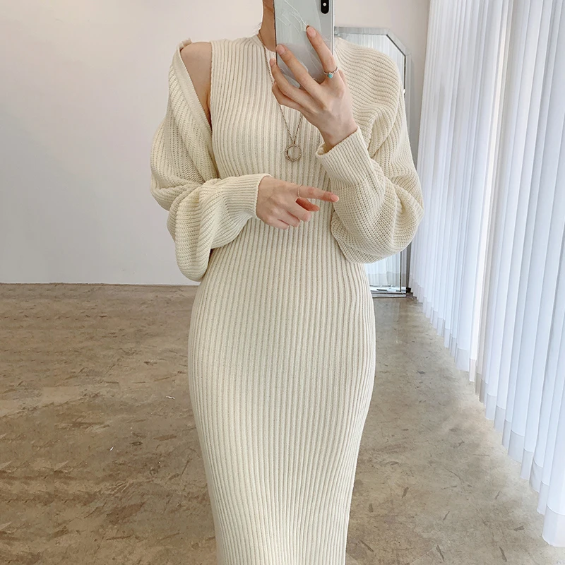 

Autumn Winter Sweater 2 Piece Set Korean O-neck Vest Knitted Dress and Long Sleeve Knit Cardigans Sets Two Piece Outfits Women
