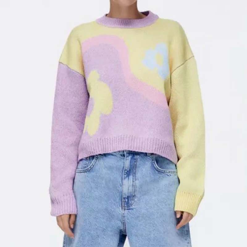 

Женский жаккардовый свитер Za, разноцветный джемпер с цветами, Модные Повседневные пуловеры, шикарные топы, OZZ1242