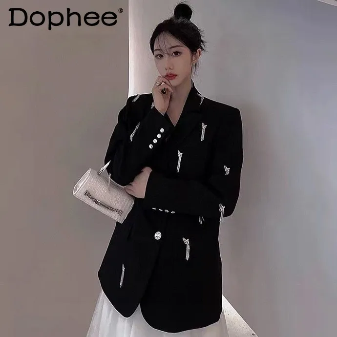 

2021 New Autumn and Winter Women Fashion Clothing Black Formal Suit Rhinestone Bow Tassel Business Suit Blazer Femme Suit Coat