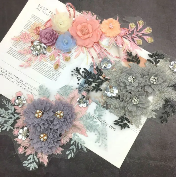 Вышивка 3D Цветочный жемчуг кружевной воротник Вырез Аппликация Блестки нашивки