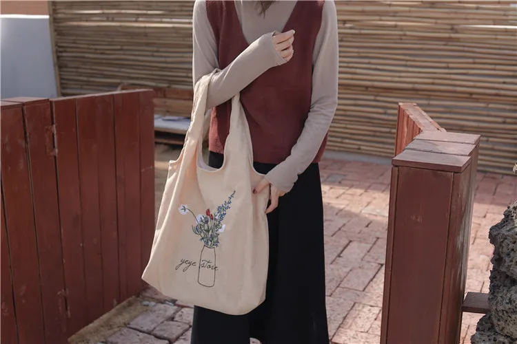 New Women Corduroy Shoulder Bag Ladies Embroidery Canvas Shopping Bags Female Eco Cotton Cloth Handbag Foldable Tote - Цвет: A