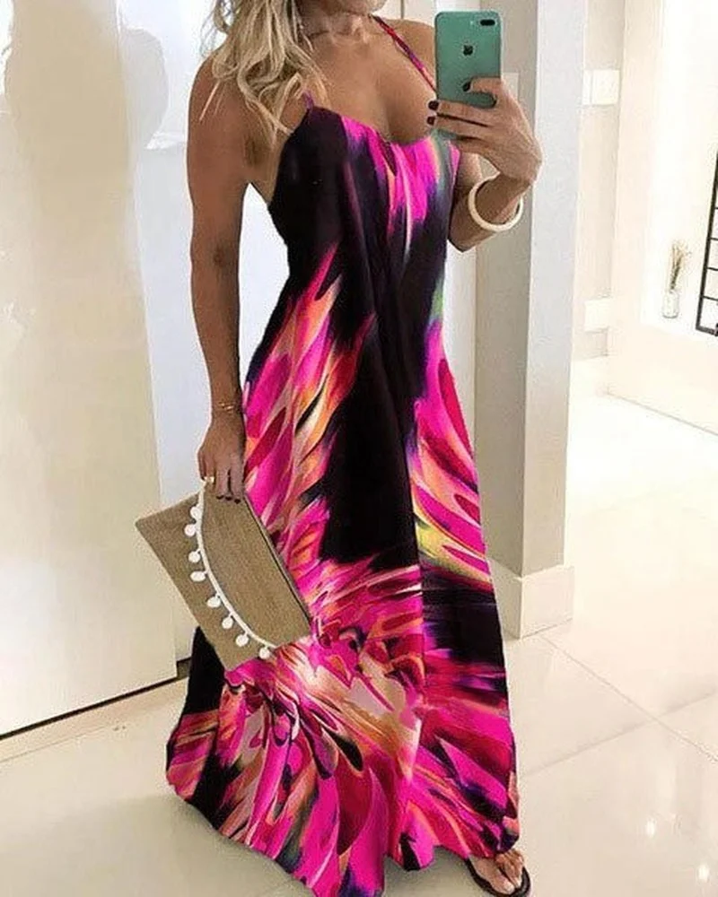 

Donsignet Fashion Summer Women's Dress Spaghetti Strap Sleeveless Print A-LINE Knitted Dresses Women Holiday Woman Dress