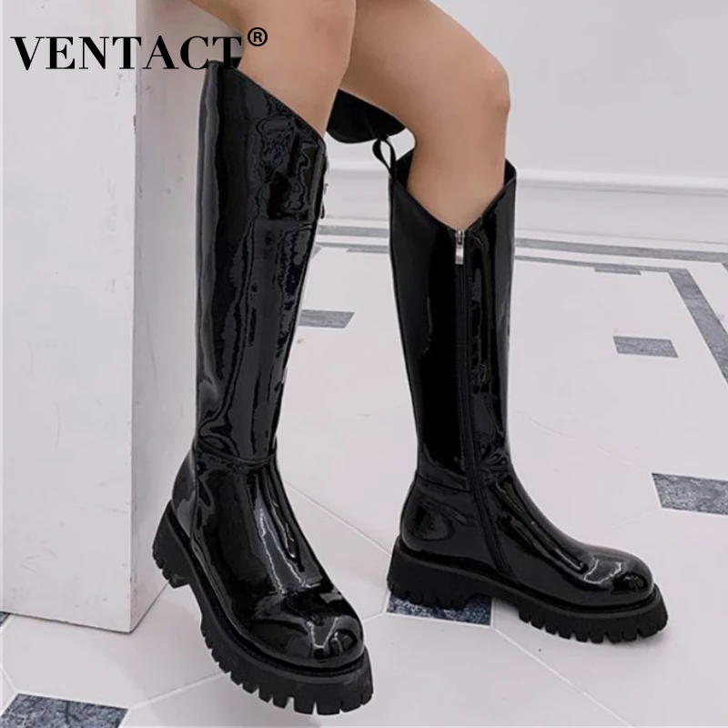 

Женские длинные ботинки на толстой подошве, из натуральной кожи