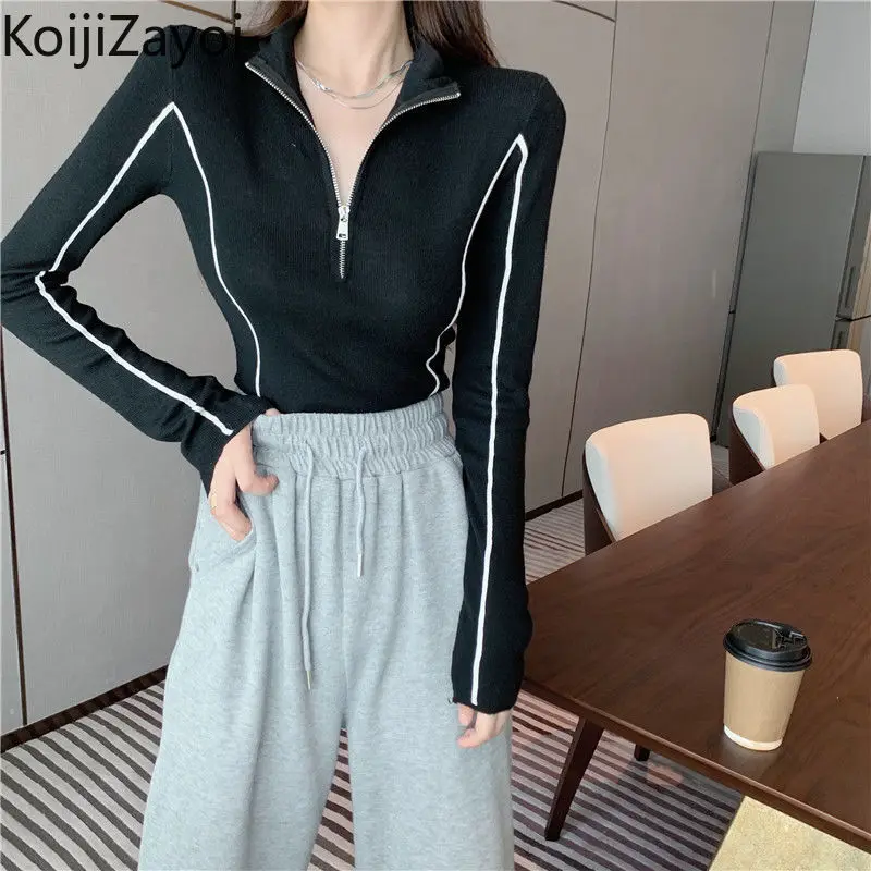

Koijizayoi Slim Women Knitted Pullovers Spring Autumn Fashion Sweater Zip Up Turn Down Collar Jumpers Long Sleeves Tops 2022