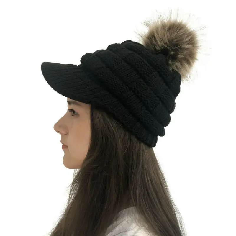 Дамская вязаная шапка с утиным язычком Модный женский теплый вязаный шерстяной