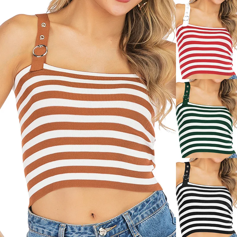 

Women Sleeveless Knitted Tanks Fashion Casual Striped Crop Top Women Slim Bottoming Vest